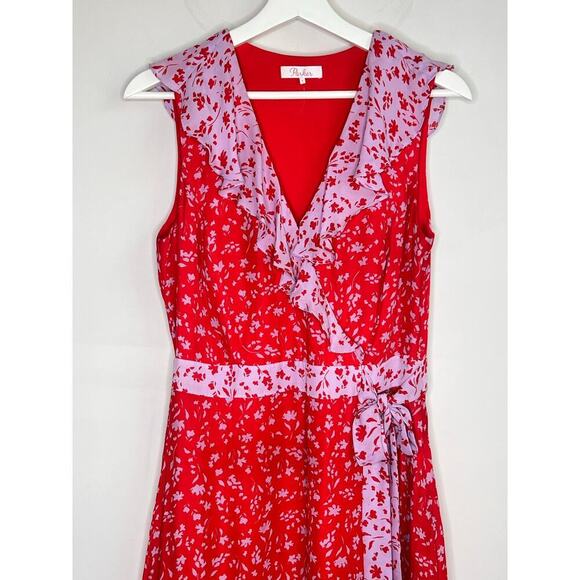 Parker Jennifer Kaia Print Ruffle Combo Wrap Midi Dress Red/Pink Women's Size 6 - Picture 4 of 10